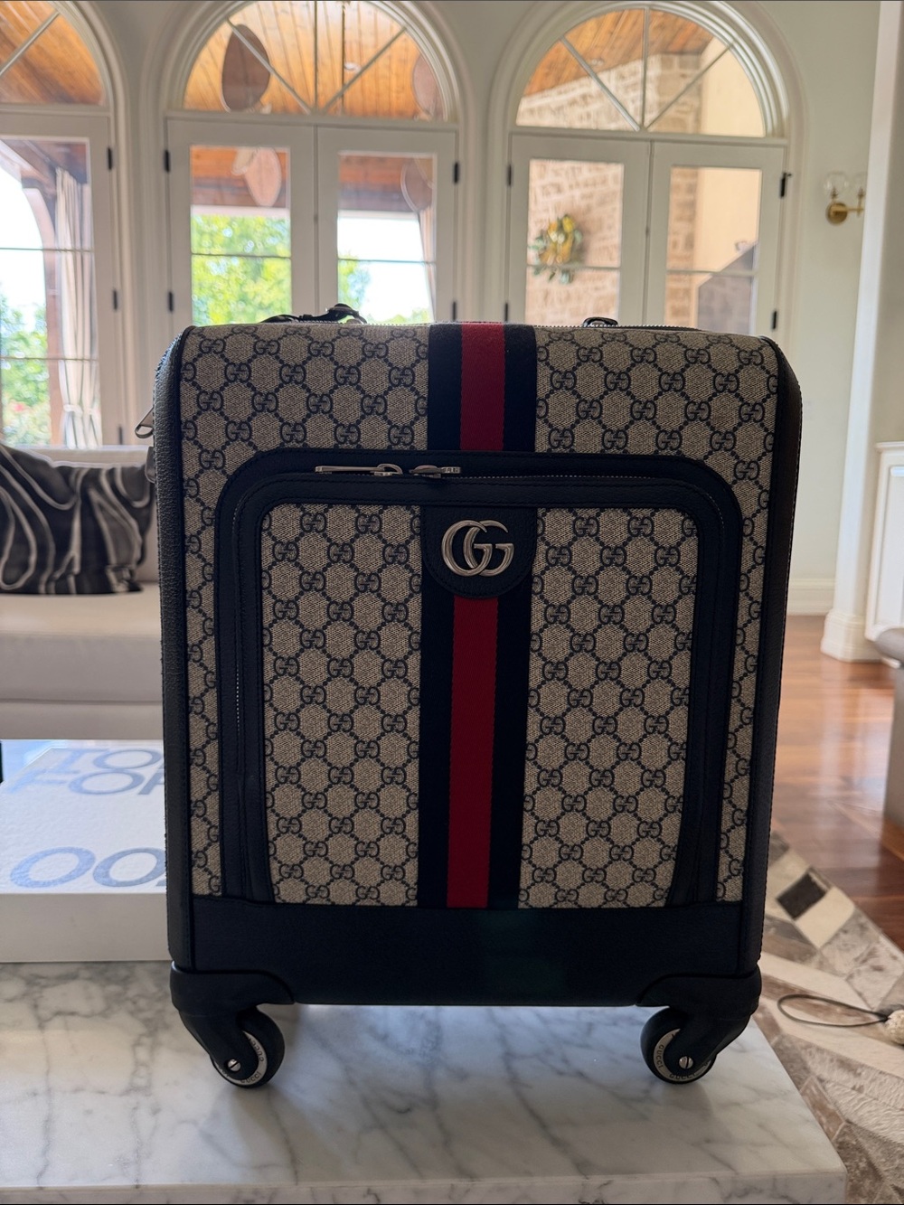 Gucci Beige GG Supreme Carry-On with Blue and Red Web Stripe